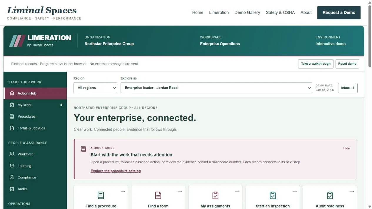 LIMERATION Action Hub in the fictional Northstar Enterprise Group demo, showing assigned work and connected operations.