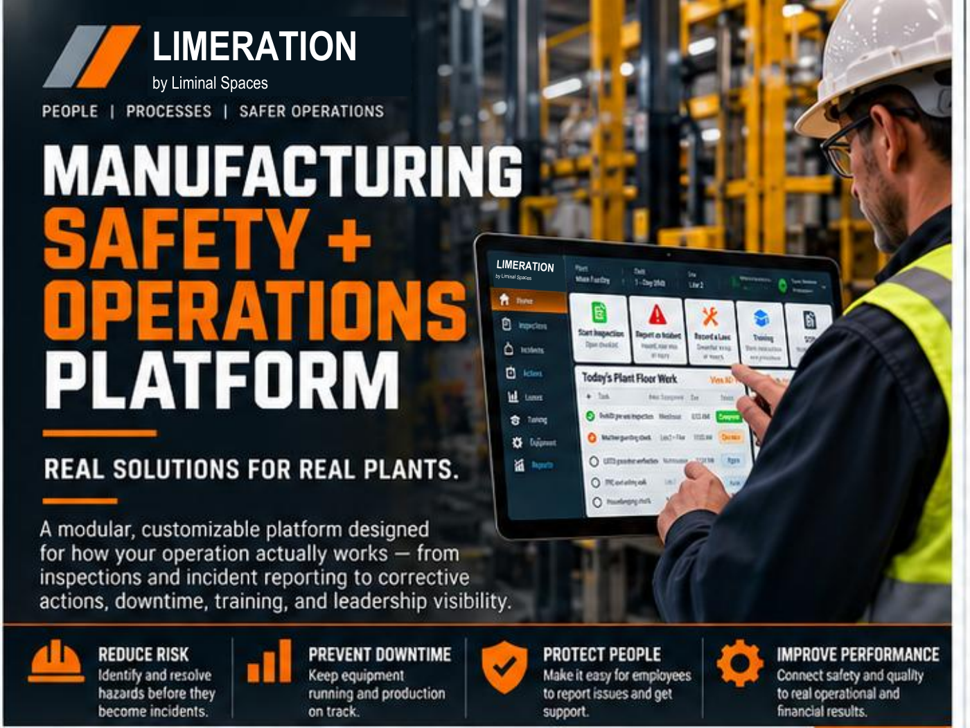 LIMERATION brochure page 1: Manufacturing Safety + Operations — platform overview