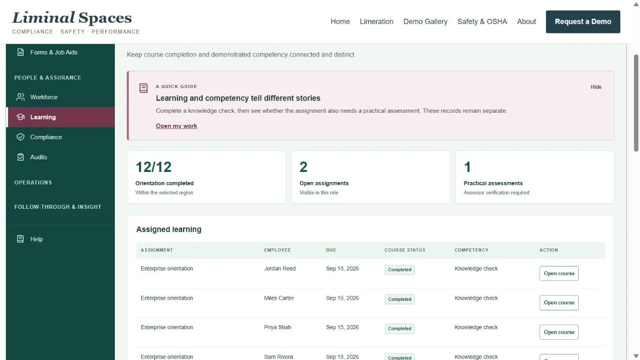 Learning and competency records in the fictional Northstar demo, separating course completion from practical assessment.
