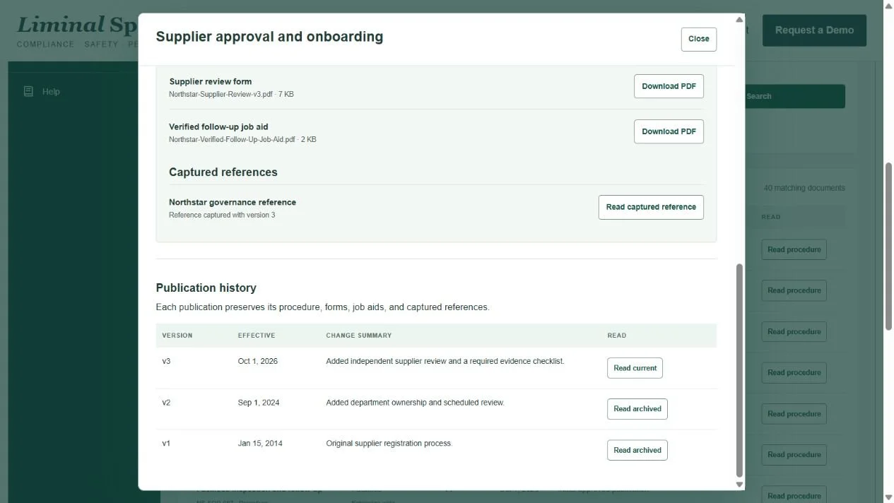 Procedure publication history in the fictional Northstar demo, with the current version and earlier publications available for review.