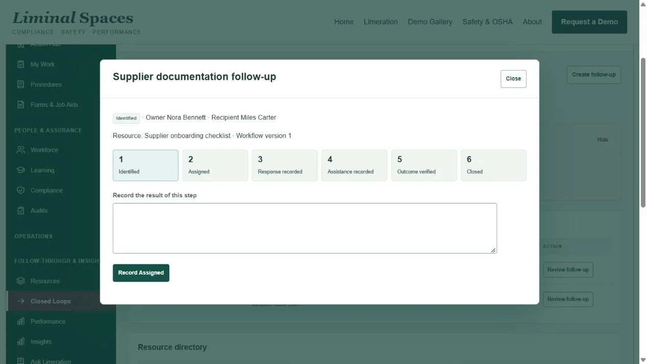 LIMERATION follow-up workflow in the fictional Northstar demo, showing the stages from assigned work to a verified outcome.